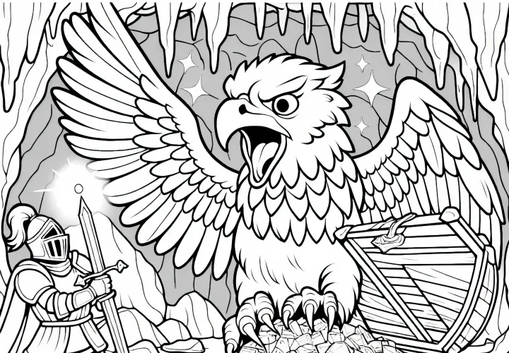 Le dragon défend un trésor caché dans une grotte contre un vaillant chevalier - Dessin à colorier à télécharger