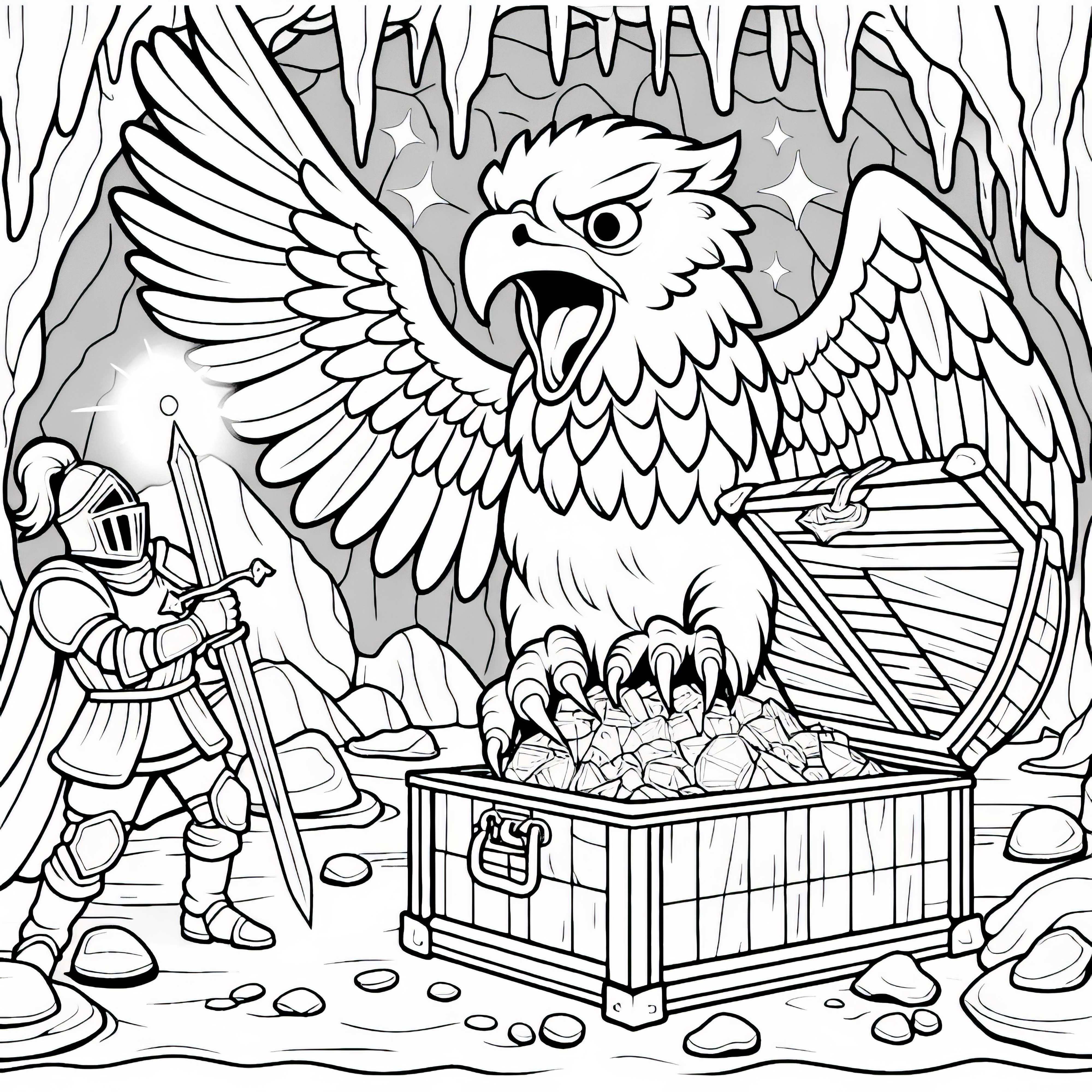Un griff défend un trésor caché dans une grotte contre un chevalier courageux - image à colorier à télécharger
