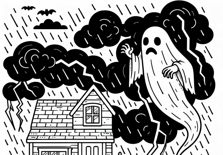 Une banshee plane au-dessus d'une maison pendant qu'une tempête fait rage – Dessin à colorier gratuit
