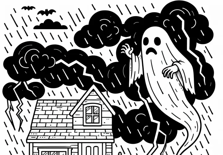 Une banshee plane au-dessus d'une maison pendant qu'une tempête fait rage – Dessin à colorier gratuit