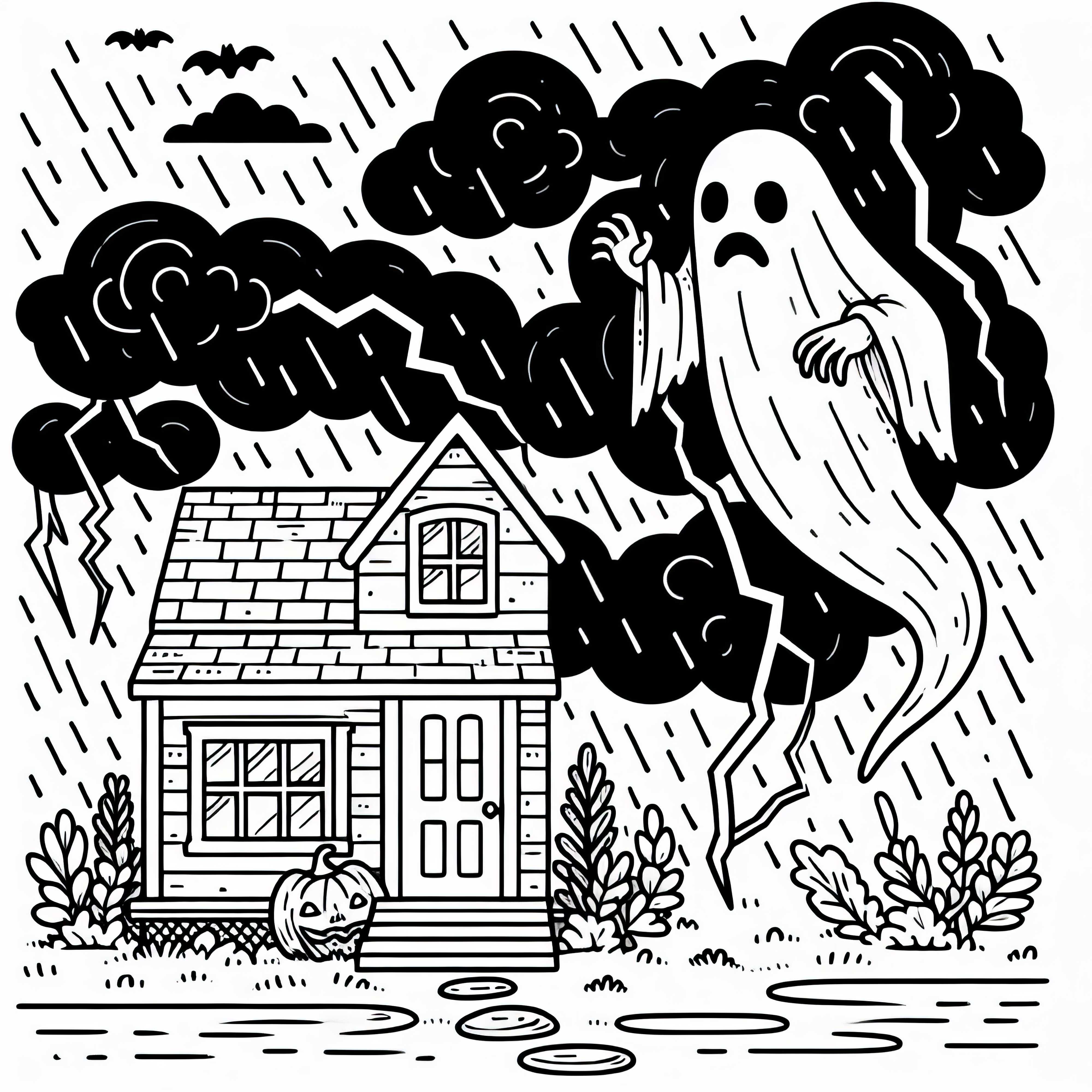 Banshee flotte au-dessus d'une maison pendant qu'une tempête fait rage – Dessin à colorier gratuit