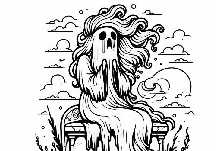 Banshee est assise sur une vieille pierre tombale et pleure - Dessin à colorier à télécharger