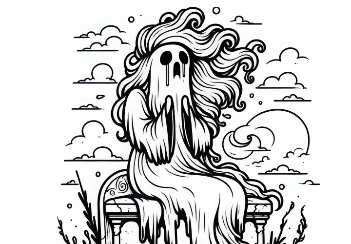 Banshee est assise sur une vieille pierre tombale et pleure - Dessin à colorier à télécharger