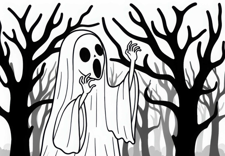Banshee dans la forêt brumeuse crie les mains levées - Image à colorier gratuite