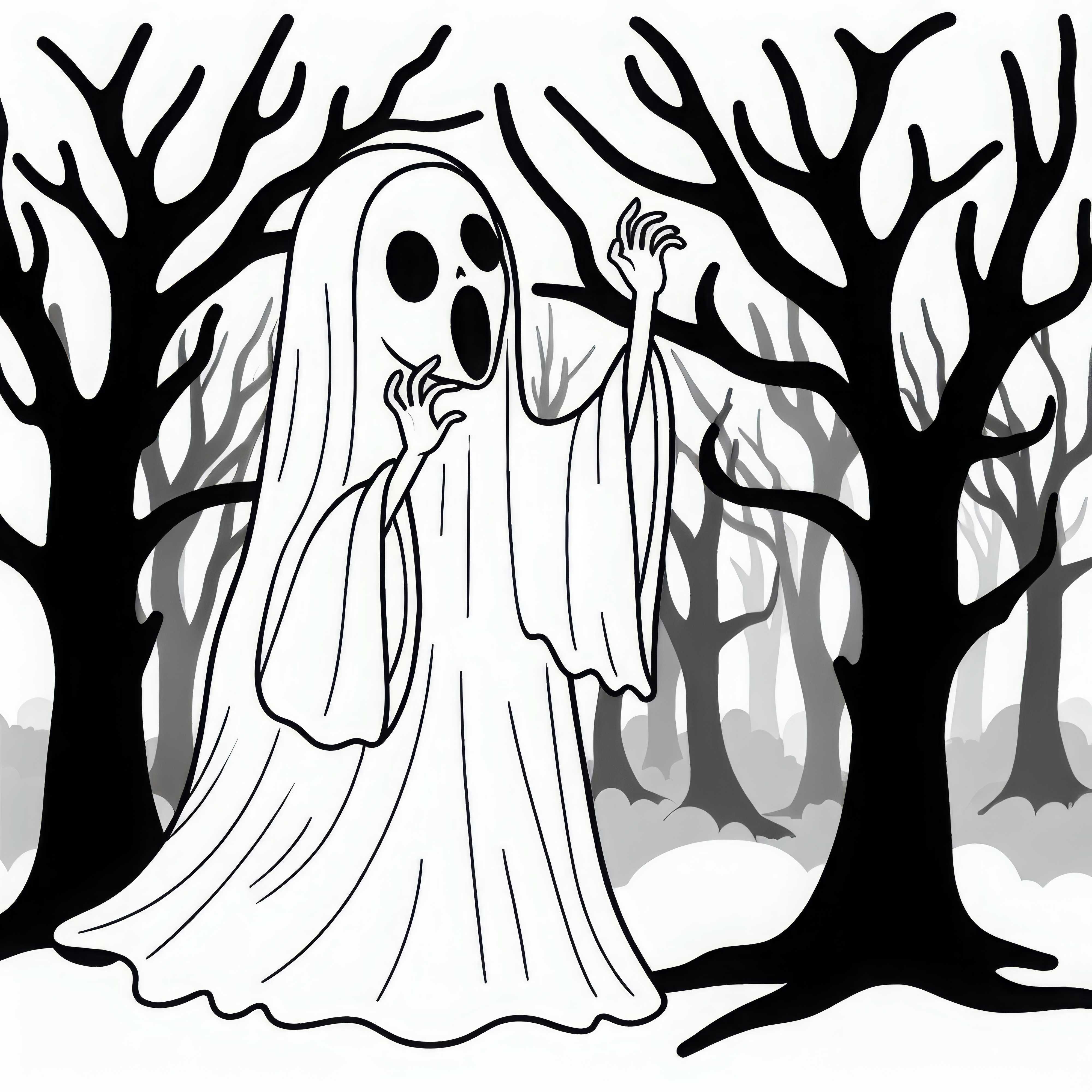 Banshee dans la forêt brumeuse crie les mains levées – Image à colorier gratuite