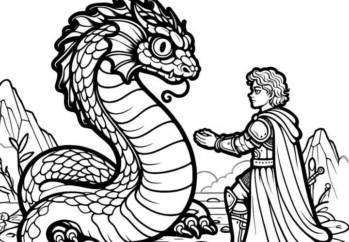 Basilisc, pietrificat: Erou curajos cu privirea sa – Foaie de colorat gratis