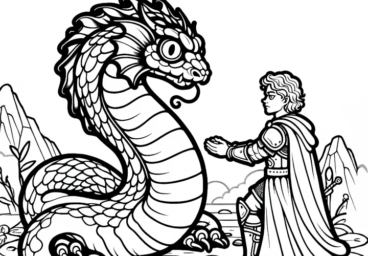 Basilic, pétrifié : Courageux héros avec son regard – Modèle à colorier gratuit