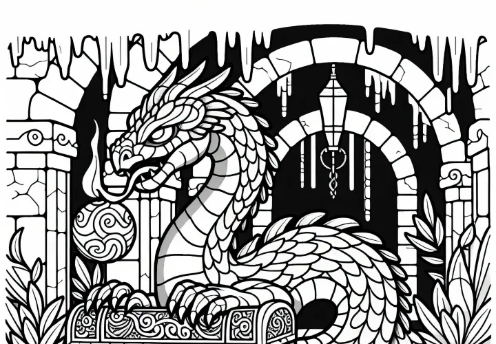 Le basilic garde un trésor mystérieux dans une chambre souterraine - modèle de coloriage gratuit