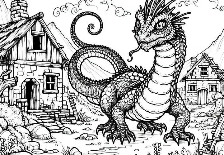 Un basilic se faufile à travers un village désert avec des maisons détruites - Modèle de coloriage gratuit