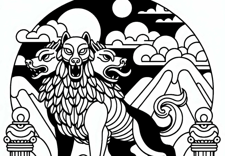 Cerberus střeží vchod do podsvětí se všemi třemi hlavami – omalovánka zdarma