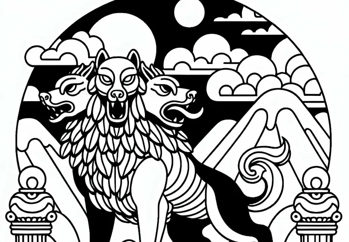 Cerbère garde l'entrée des enfers avec ses trois têtes - Modèle à colorier gratuit