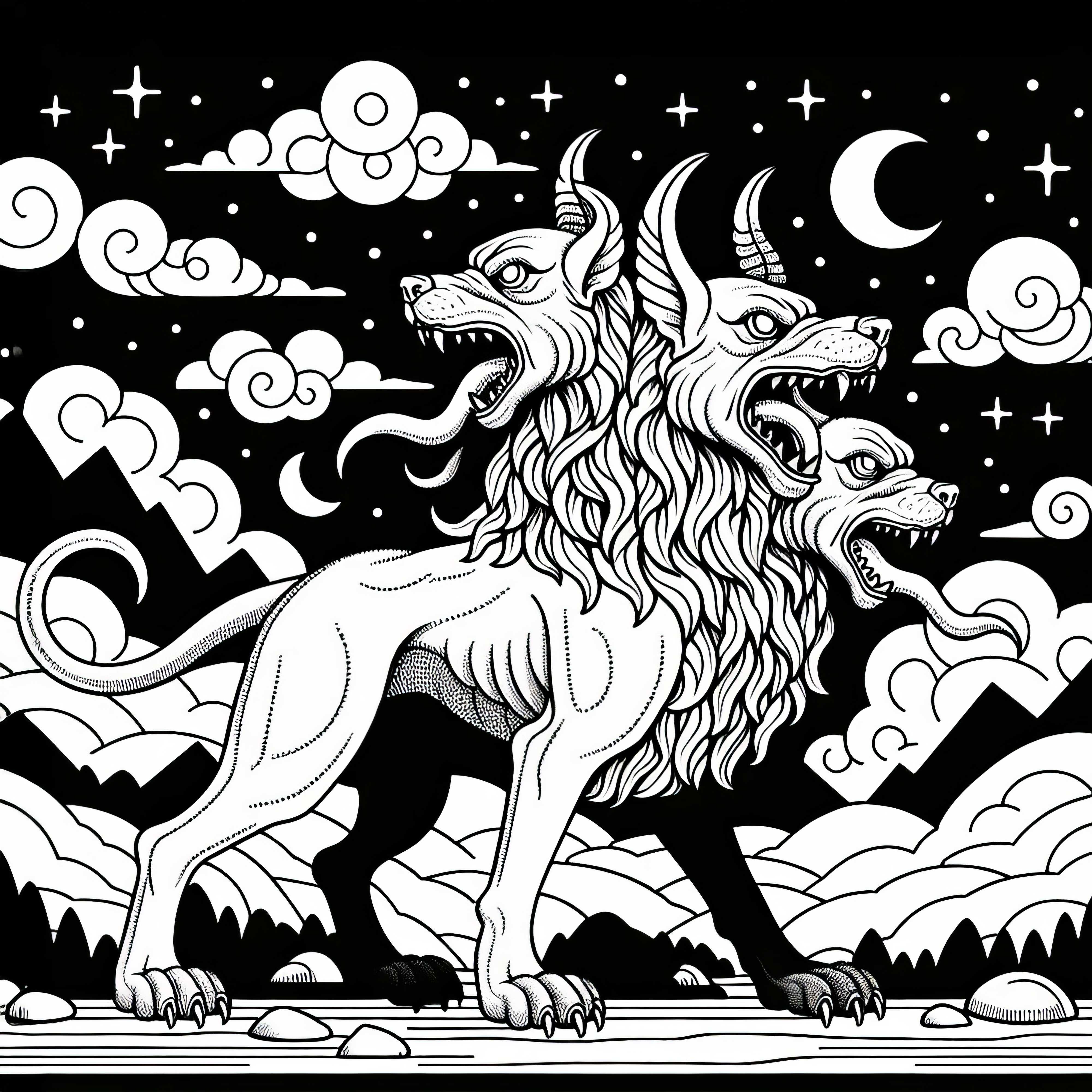 Cerberus hlídá vstup do podsvětí – Malovací šablona zdarma Cerberus hlídá vchod do podsvětí – Malovací šablona zdarma