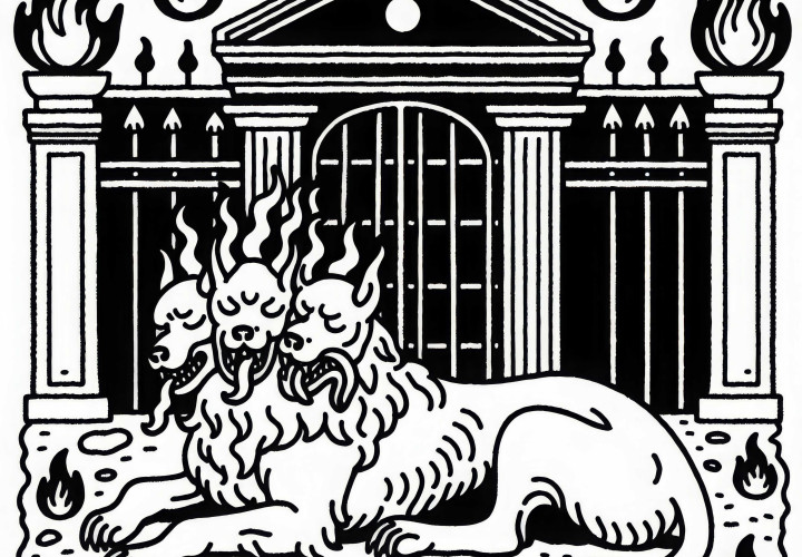 Cerberus, tříhlavý pes pekel, spí před velkými vraty – bezplatná omalovánka