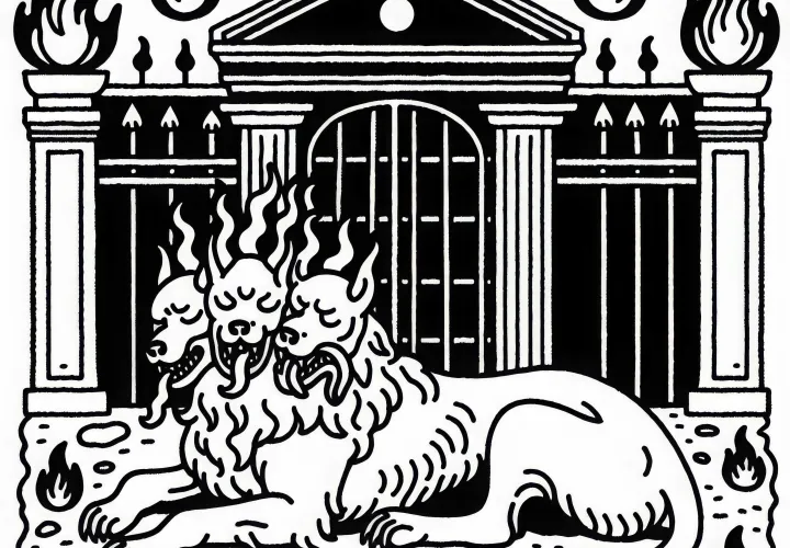 Cerbère, le chien des enfers à trois têtes, dort devant la grande porte - Modèle de coloriage gratuit