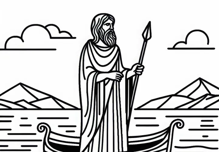 Charon attend au bord de l'eau avec sa barque - coloriage gratuit