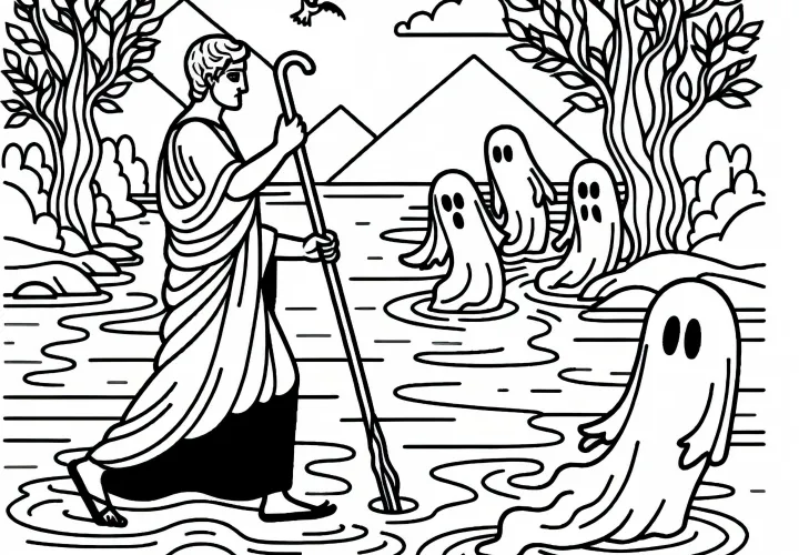Charon traverse le fleuve Styx tandis que des fantômes l'observent - Dessin à colorier gratuit