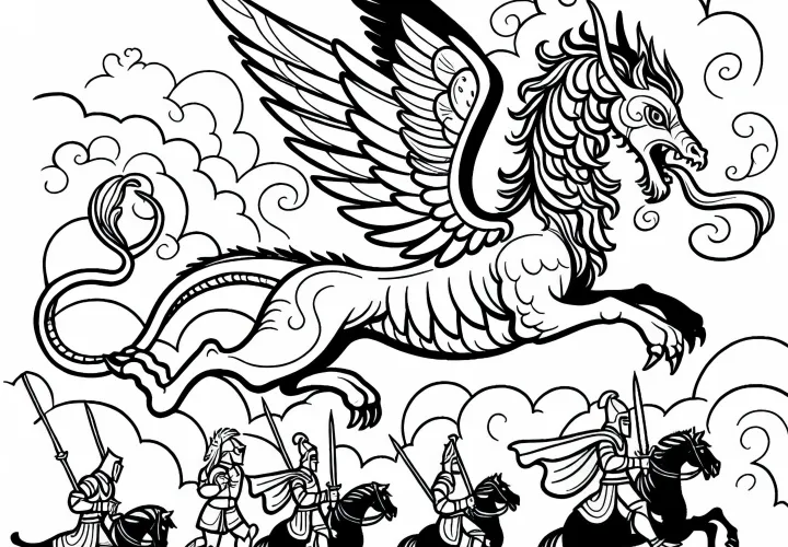 Chimère chasse des chevaliers à travers le pré – Dessin à colorier gratuit