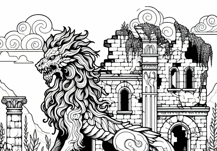Chimère Défend une Vieille Ruine En Ruine – Modèle à Colorier Gratuit