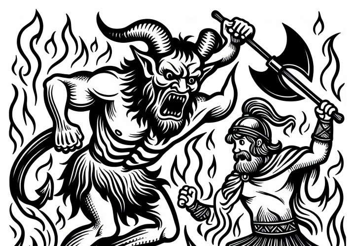 Demon atakuje odważnego bohatera – darmowy obrazek do kolorowania