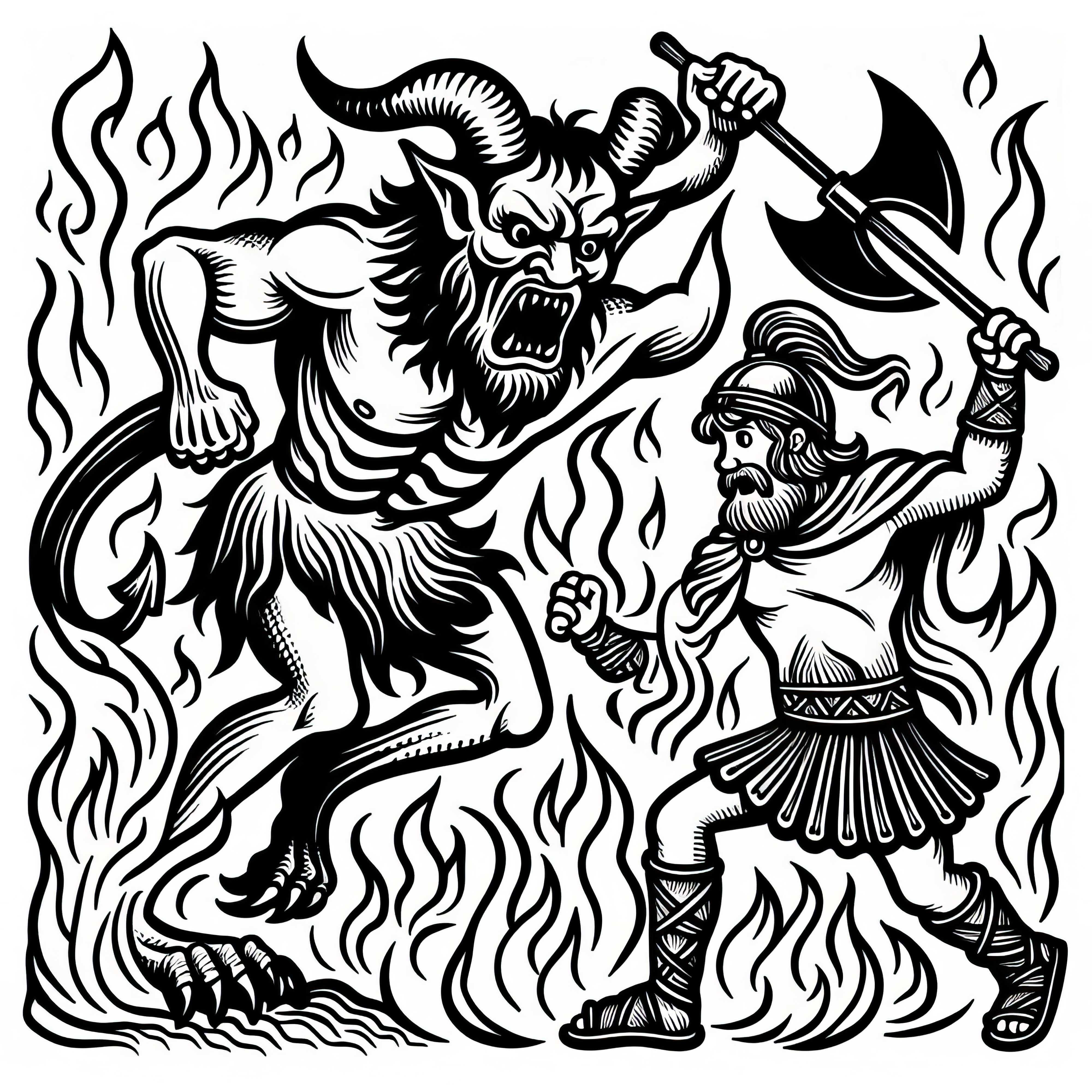 Demon zaatakuje odważnego bohatera – darmowy obrazek do kolorowania