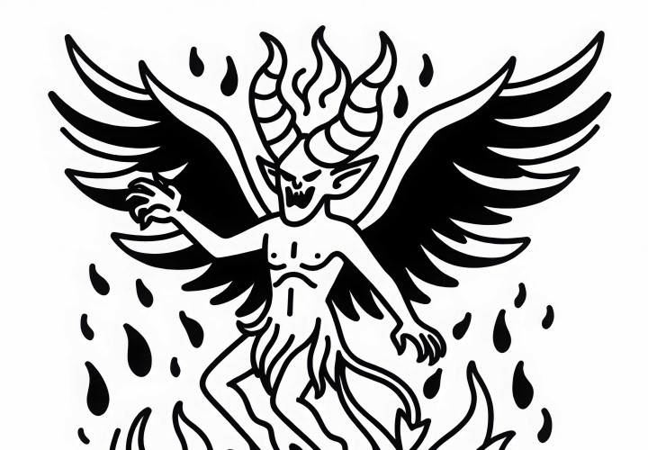 Demon z skrzydłami i rogami wznosi się z piekielnych płomieni – darmowy obrazek do kolorowania Demon z skrzydłami i rogami wznosi się z piekielnych płomieni – darmowy rysunek do kolorowania