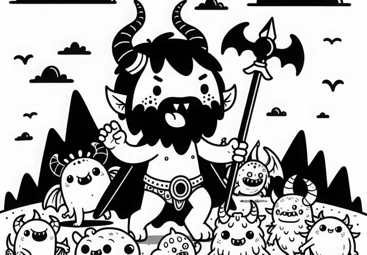 Un démon conduit une horde de créatures plus petites à travers un paysage sombre - Modèle de coloriage gratuit