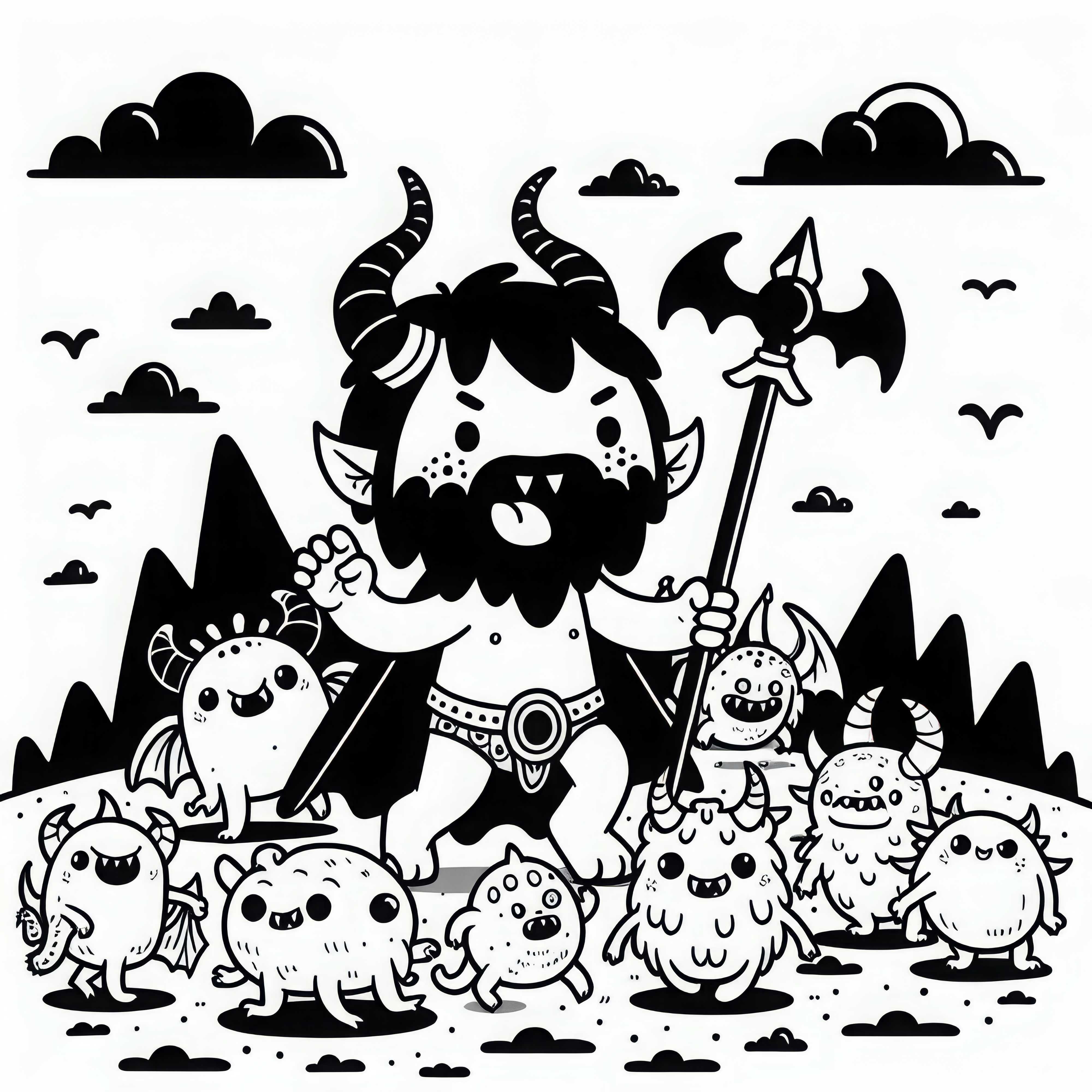 Demon prowadzi horde mniejszych stworzeń przez ciemny krajobraz – darmowy szablon kolorowanki Demon prowadzi hordę mniejszych stworzeń przez mroczny krajobraz – darmowy wzór do kolorowania