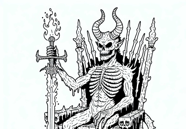 Demon siedzi na tronie i trzyma płomienny miecz - Bezpłatny szablon do malowania