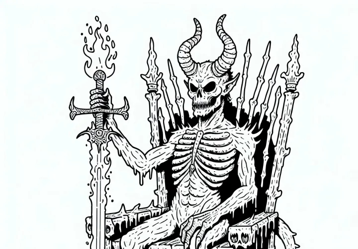 Daemon est assis sur le trône et tient une épée enflammée - Modèle à colorier gratuit