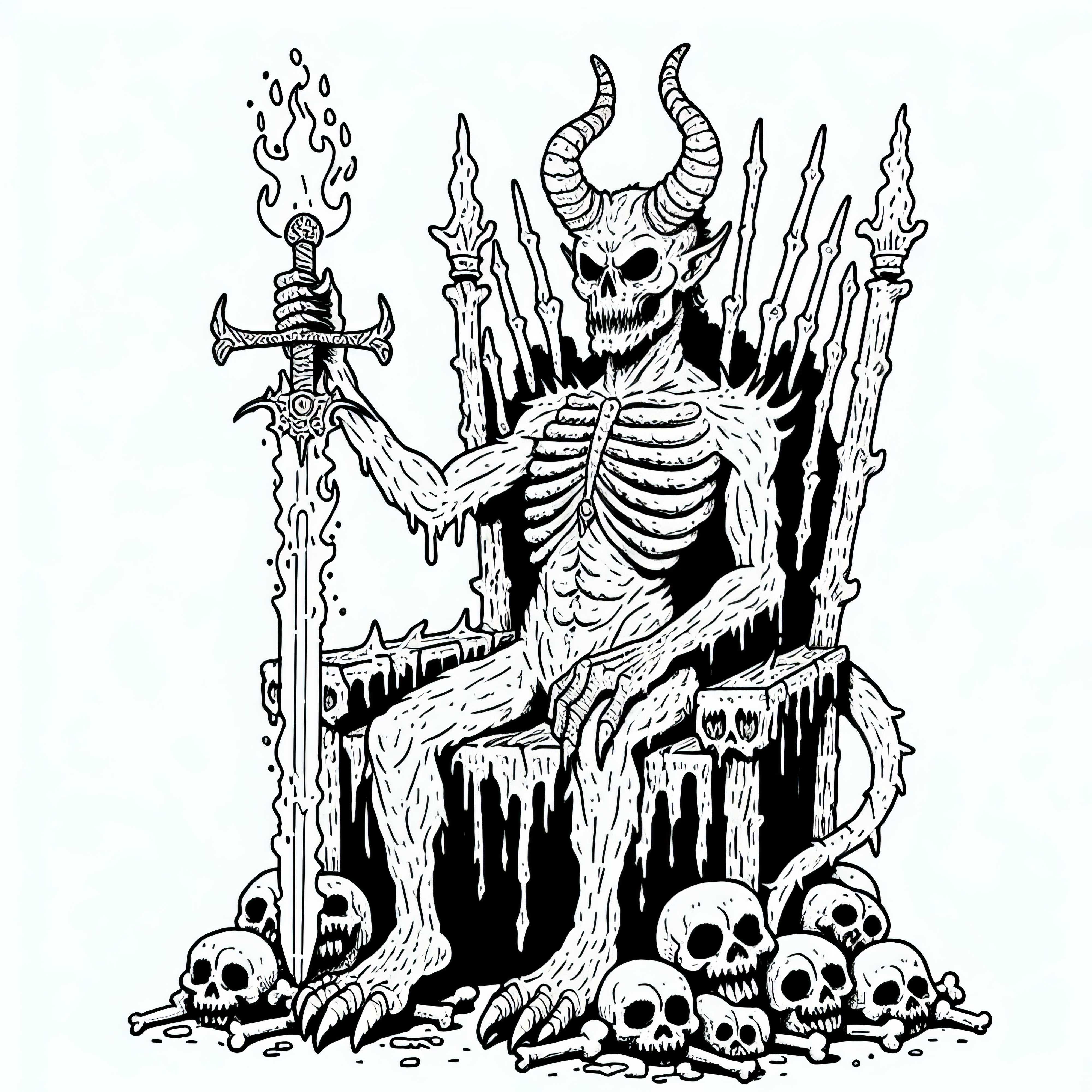 Daemon siedzi na tronie i trzyma płomienny miecz - darmowy szablon do kolorowania