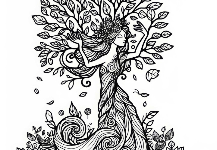 Dryade fusionne avec l'arbre – Modèle à colorier gratuit