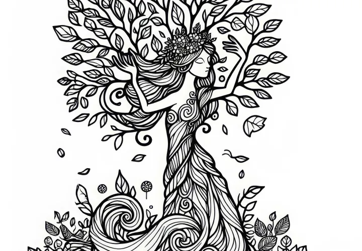 Dryade fusionne avec l'arbre – Modèle à colorier gratuit