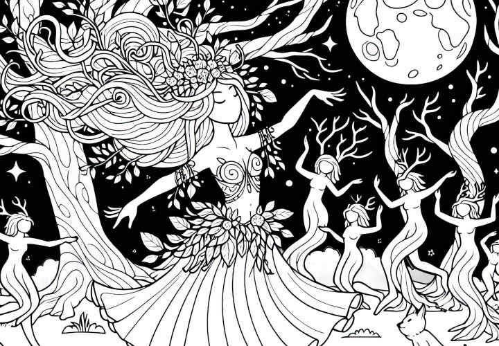 Dryade danse au clair de lune, entourée d'autres esprits de la forêt – Dessin à colorier gratuit