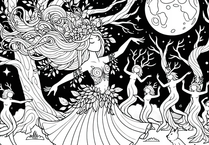Dryade danse au clair de lune, entourée d'autres esprits de la forêt – Dessin à colorier gratuit