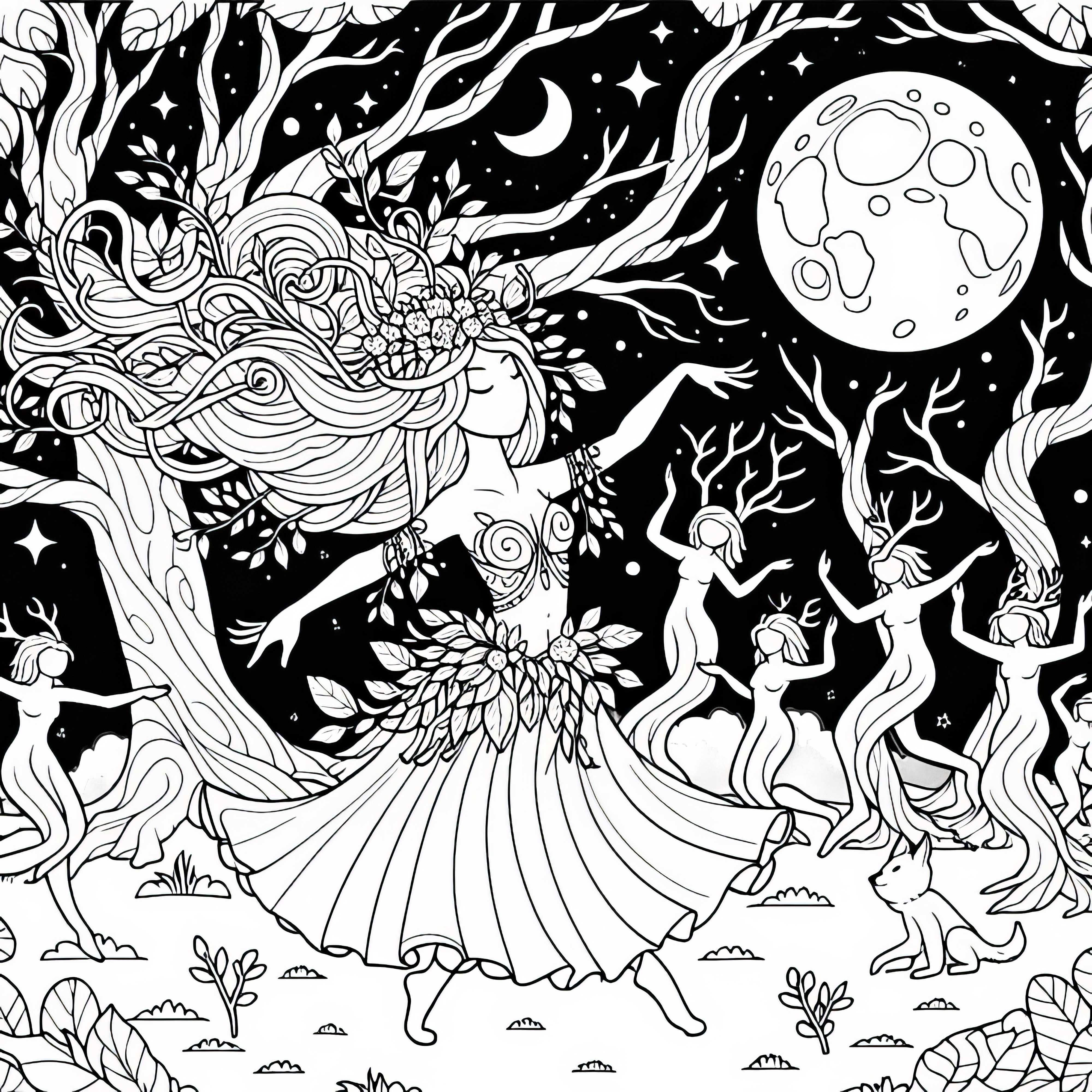 Dryade danse au clair de lune, entourée d'autres esprits de la forêt – Image à colorier gratuite