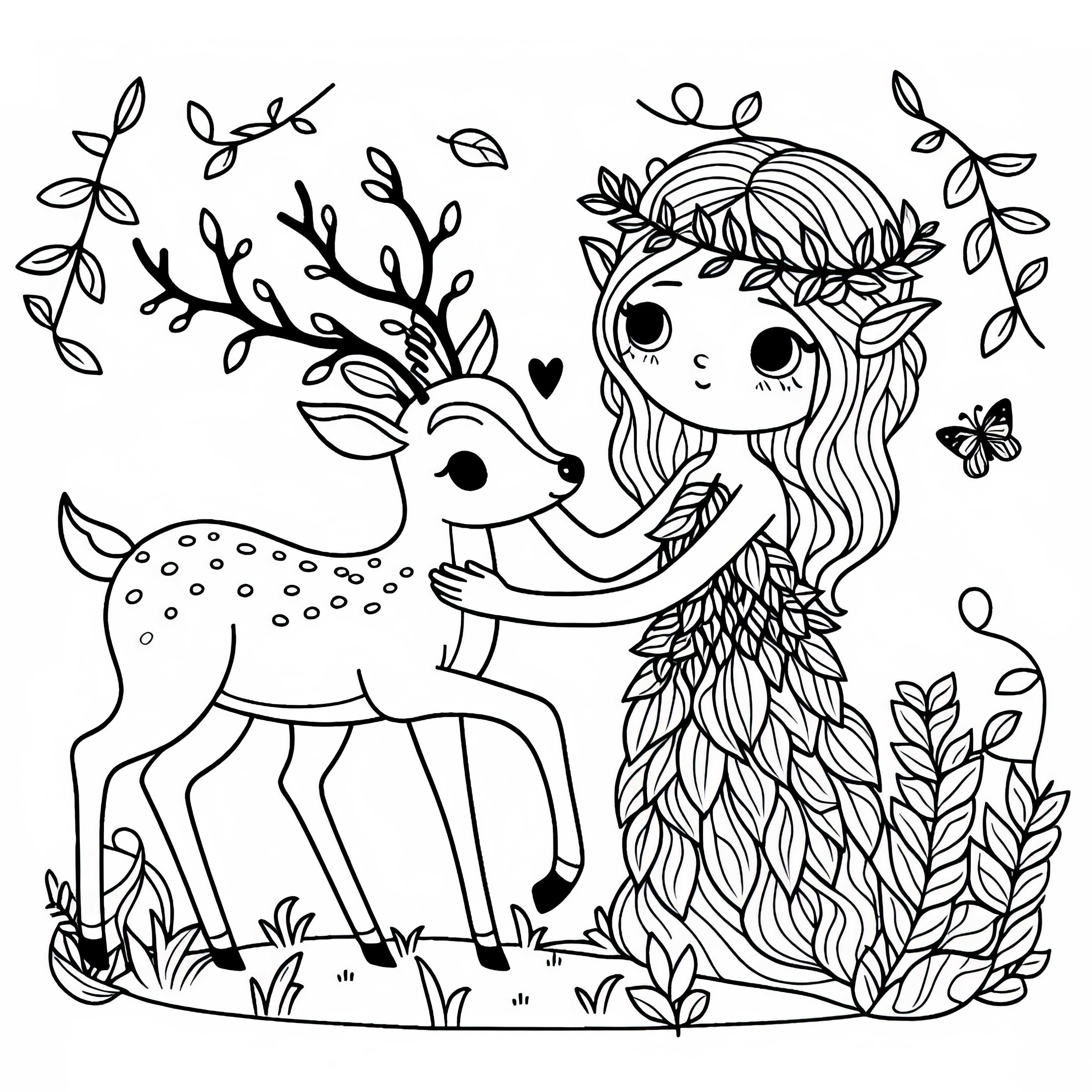 La dryade protège le jeune cerf - Coloriage gratuit