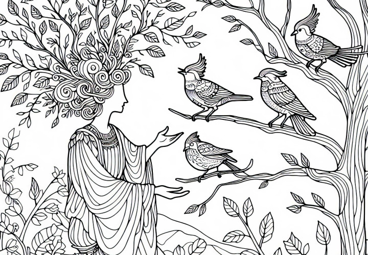 Dryade parle avec des oiseaux qui sont assis sur ses branches - Modèle à colorier gratuit
