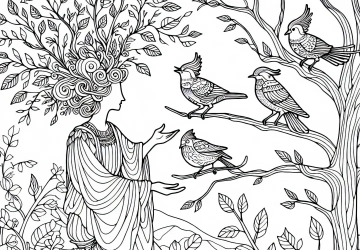 Dryade parle avec des oiseaux qui sont assis sur ses branches - Modèle à colorier gratuit