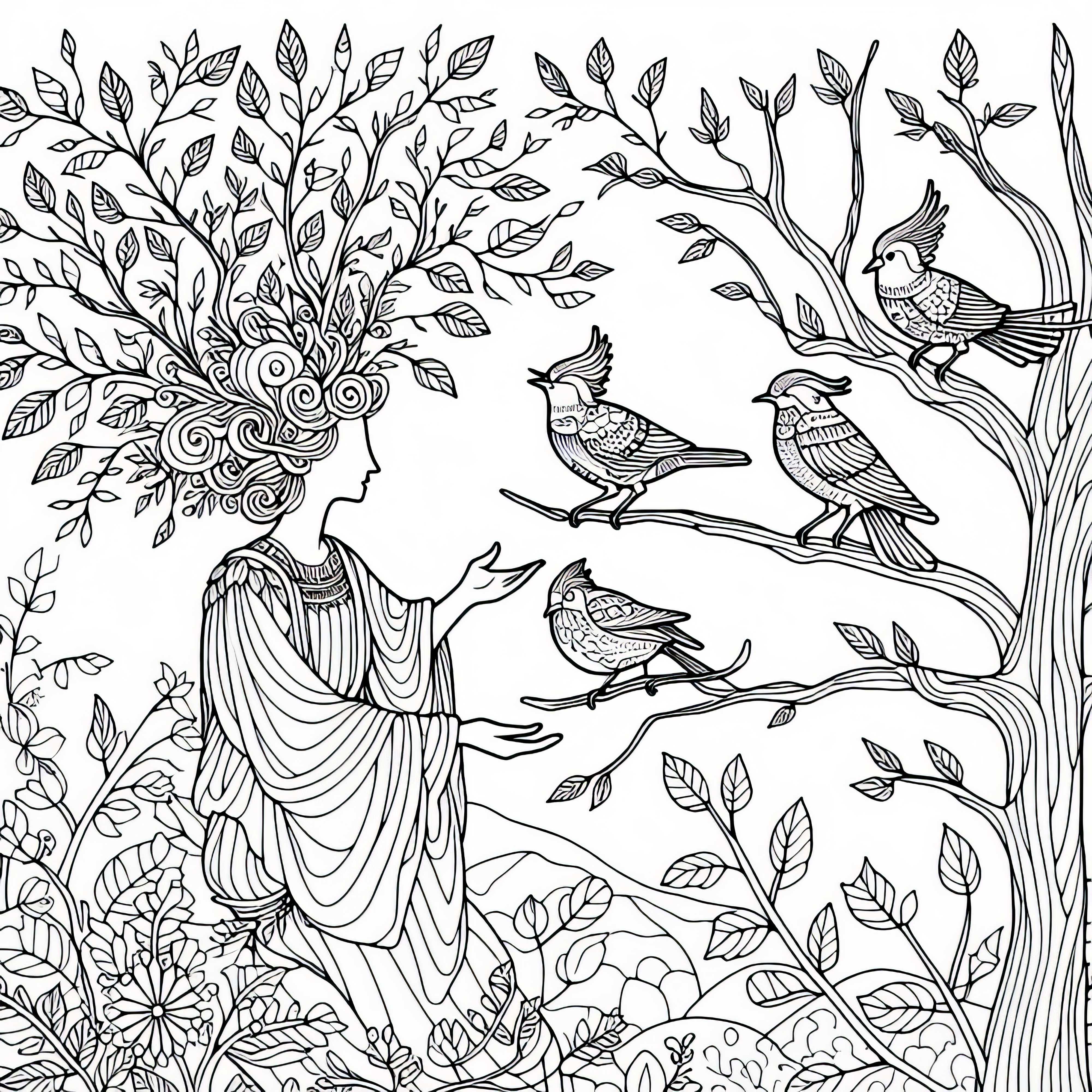 La dryade parle avec des oiseaux qui sont perchés sur ses branches - Modèle de coloriage gratuit