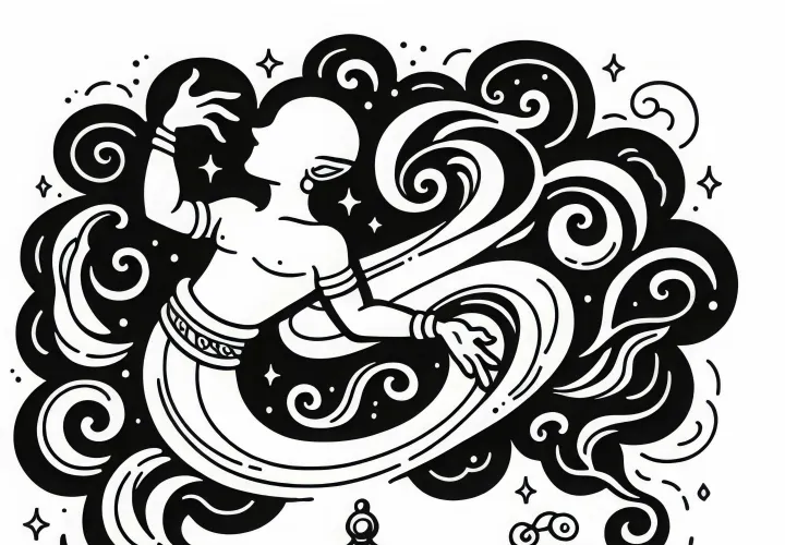 Le djinn apparaît d'une vieille lampe avec de la fumée tourbillonnante - coloriage gratuit