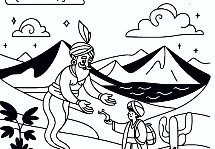 Le génie exauce le vœu des voyageurs dans le désert - dessin à colorier gratuit
