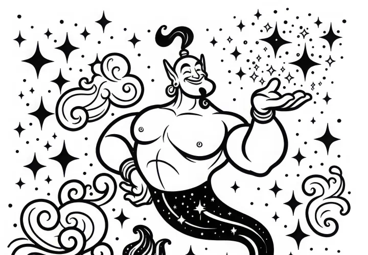 Le génie lève la main et fait apparaître des étoiles dans le ciel – Coloriage gratuit