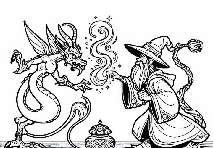 Un génie se bat contre un sorcier dans un duel magique - Colorier gratuitement
