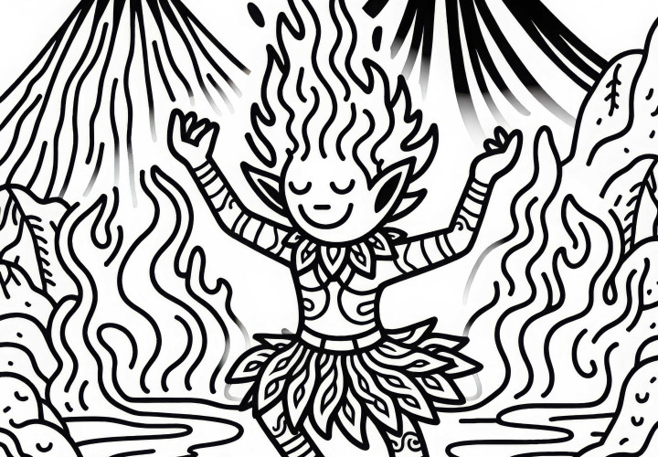 Spirito del fuoco danza in mezzo a un vulcano in eruzione – Disegno da colorare gratuito