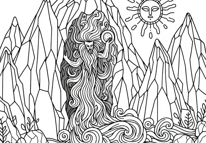 L'esprit de la terre émerge d'une fente de montagne - Modèle de coloriage gratuit