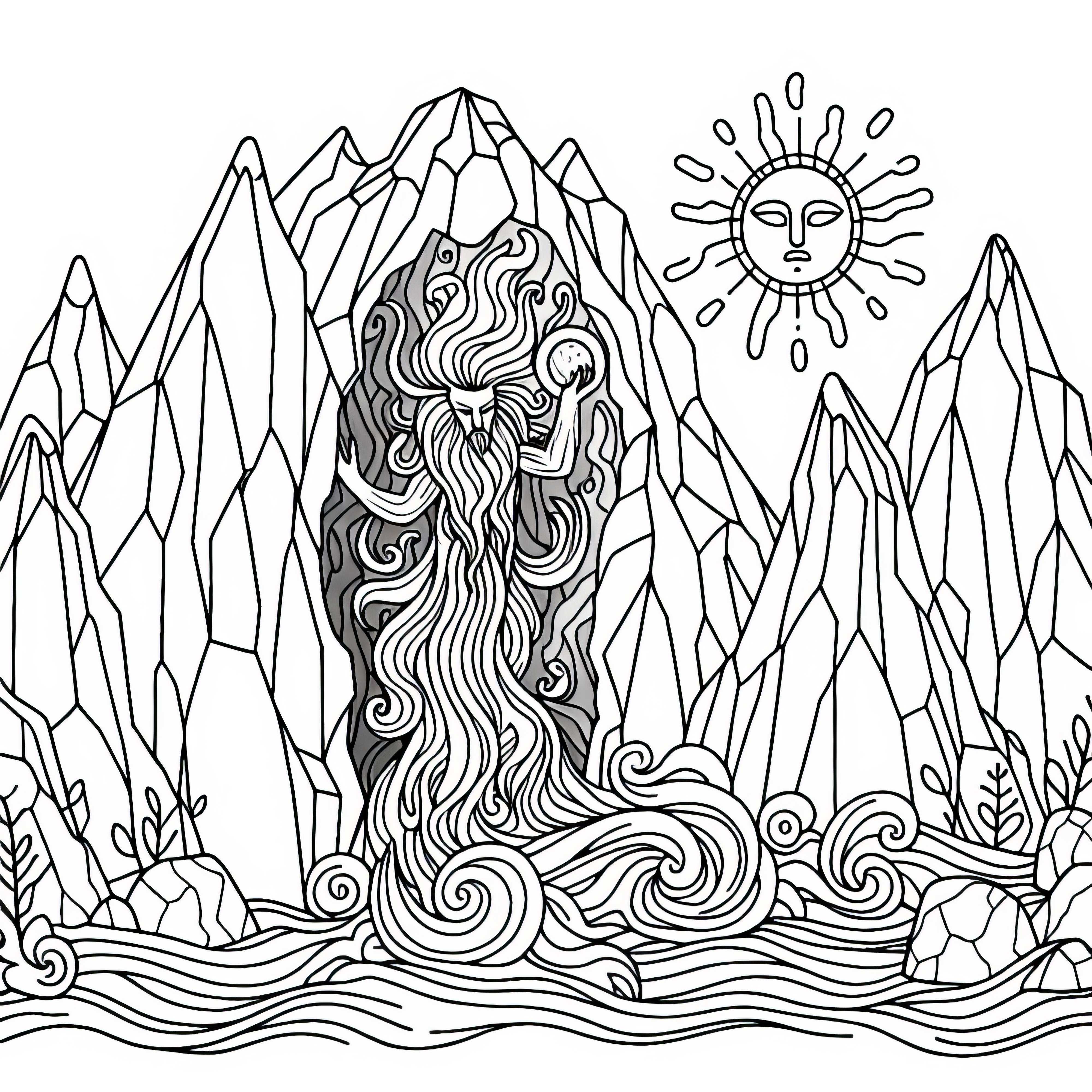 Lo spirito della terra emerge da una fessura di montagna - Modello da colorare gratuito