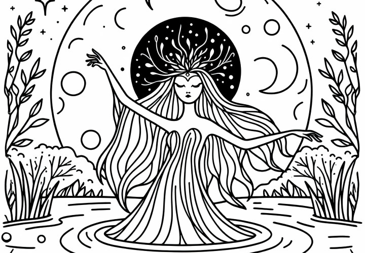 Lo spirito dell'acqua sorge da un lago tranquillo durante la luna piena - Disegno da colorare gratuito