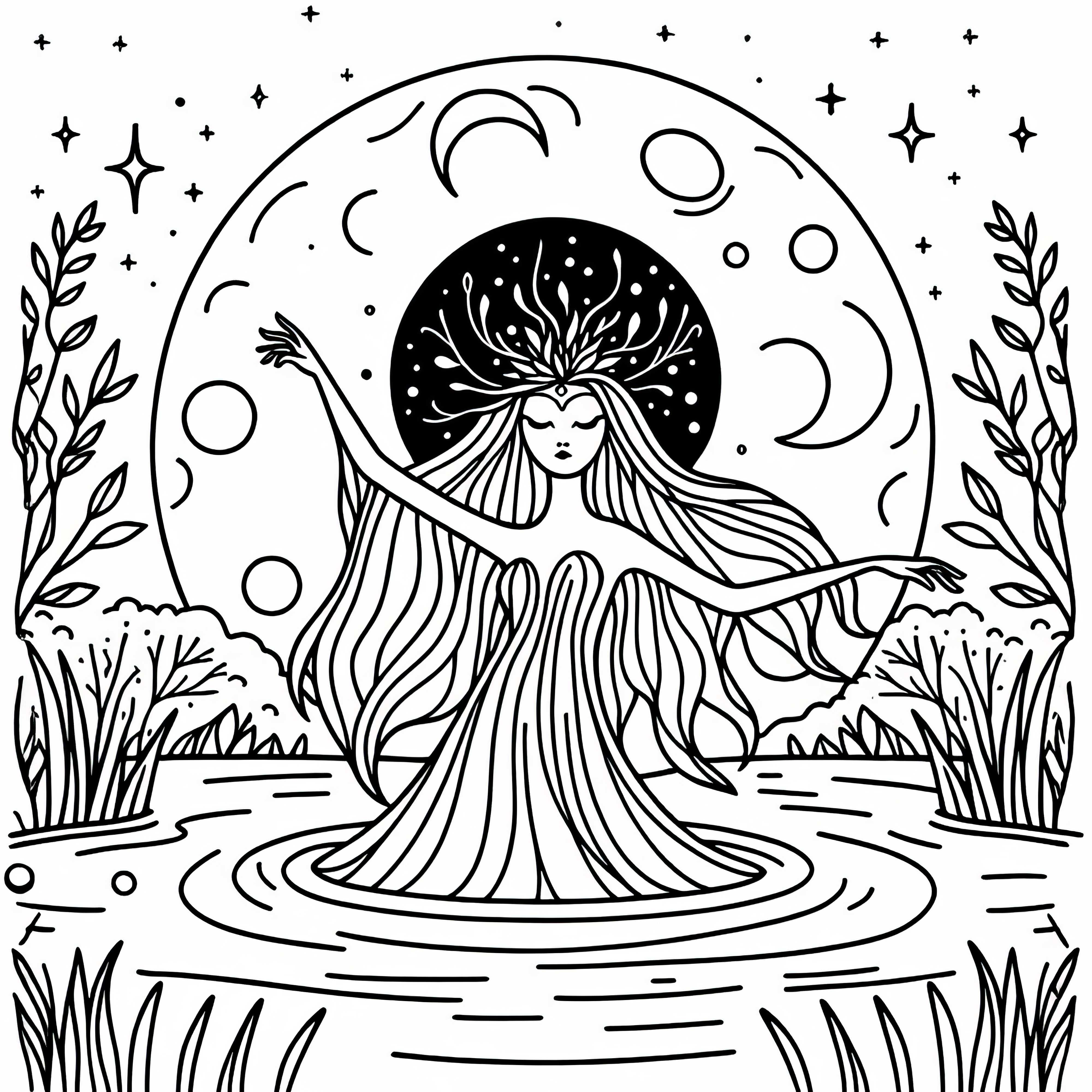 Spirito dell'acqua si erge da un lago tranquillo al chiaro di luna – Immagine da colorare gratis