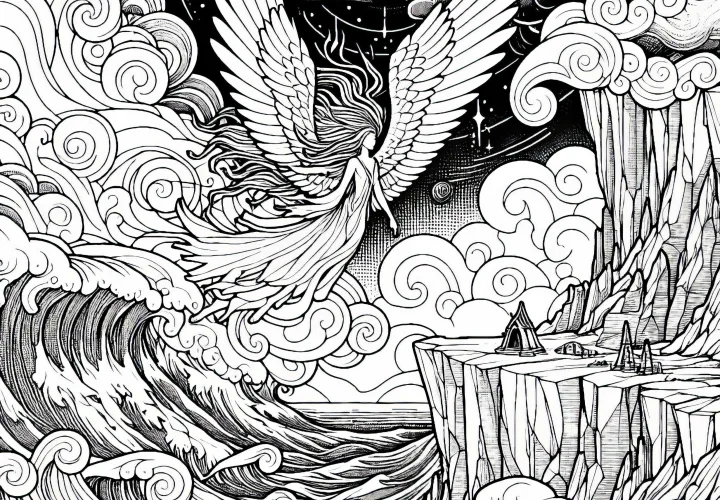 Un esprit de l'air flotte au-dessus d'une falaise pendant qu'une tempête fait rage - Dessin à colorier gratuit