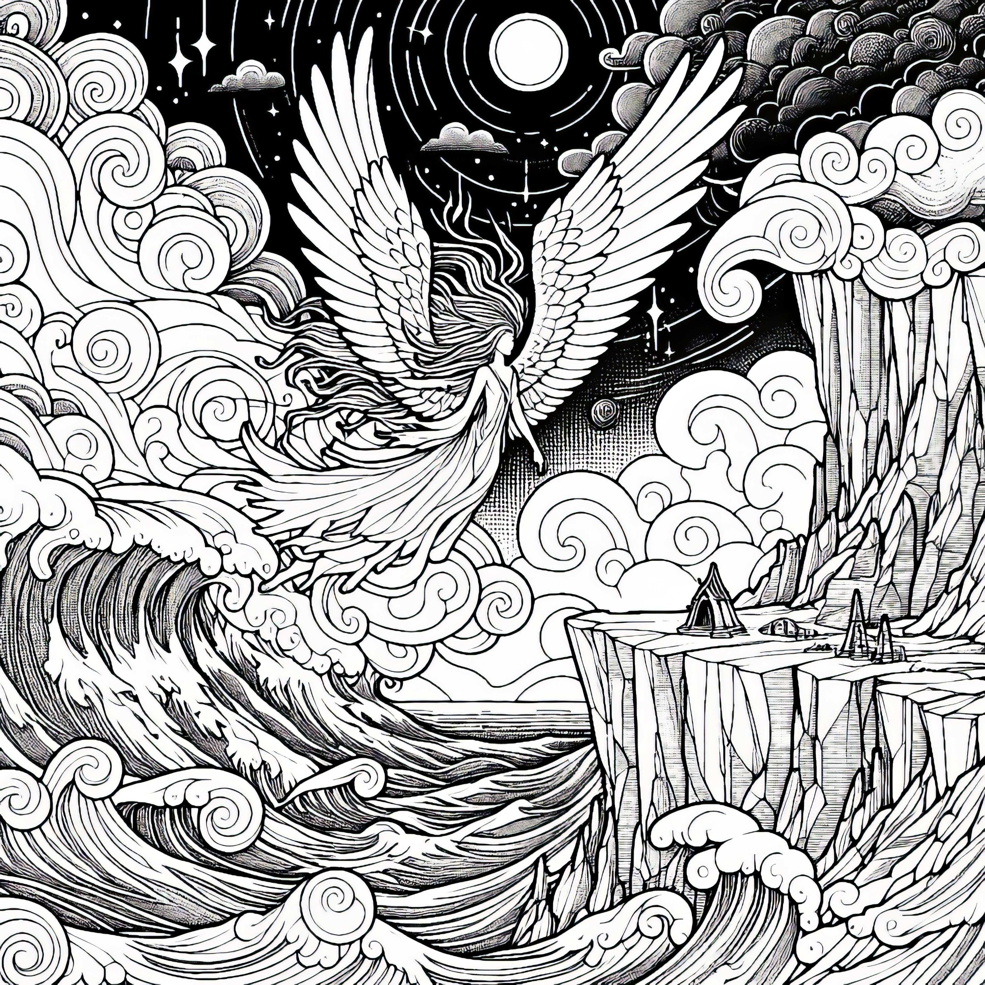 Lo spirito dell'aria aleggia su una scogliera mentre imperversa una tempesta – Disegno da colorare gratis